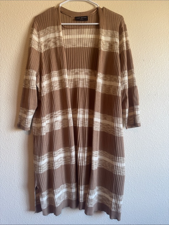 Lane Bryant Sweaters - Lane Bryant Brown & Cream Striped Ribbed Open-Front Midi